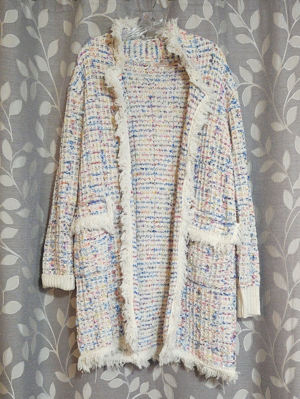Esqualo Cream Multicolor Fringe Open-Front Women's Sweater Cardigan size XL